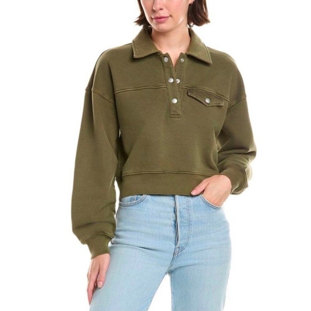 FRAME Surplus Snap Neck Cropped Sweatshirt Olive Green WP25JSS003 Womens Small